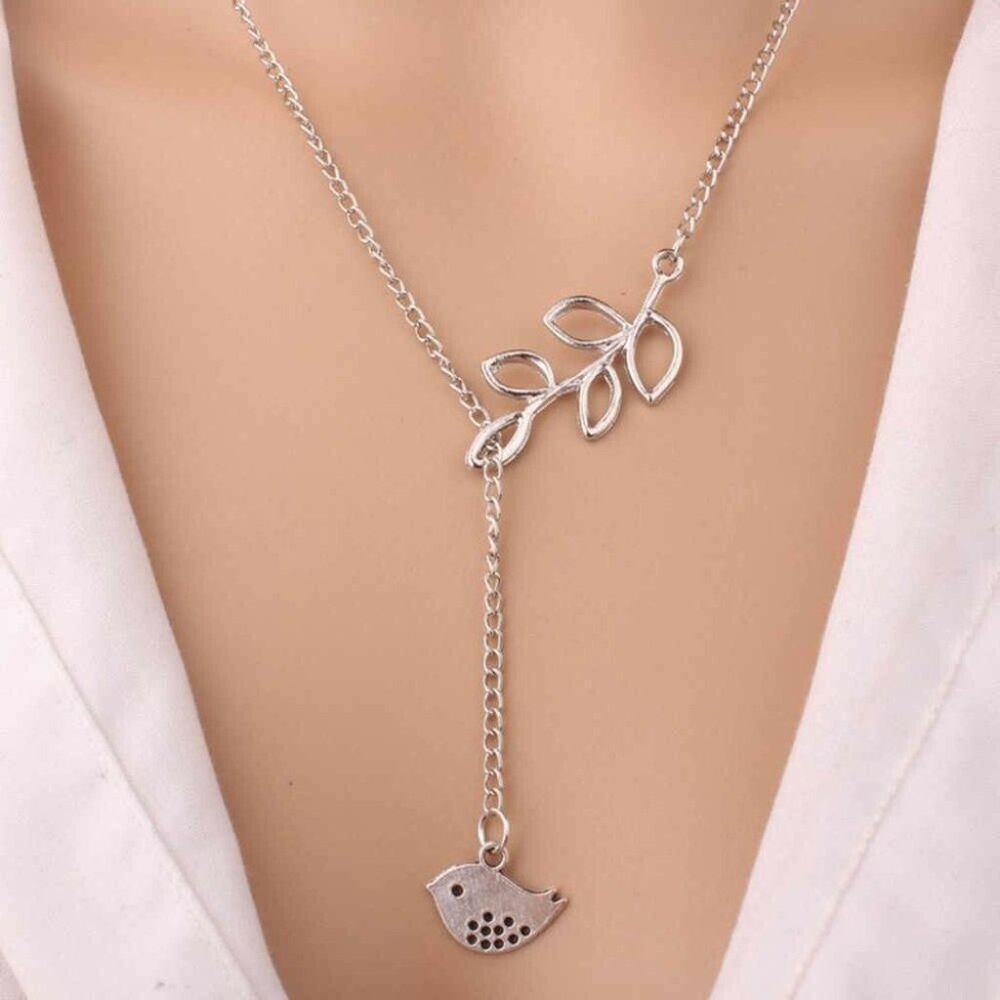 Silver Bird Peace Olive Branch Pendant Lariat Chain Necklace Party Gift